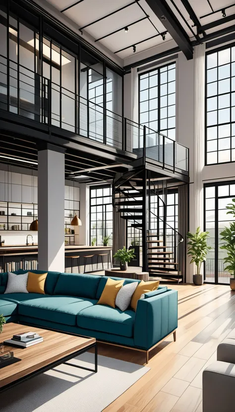 real estate photography style of a modern loft, professional, inviting, well-lit, high-resolution, property-focused, commercial, highly detailed