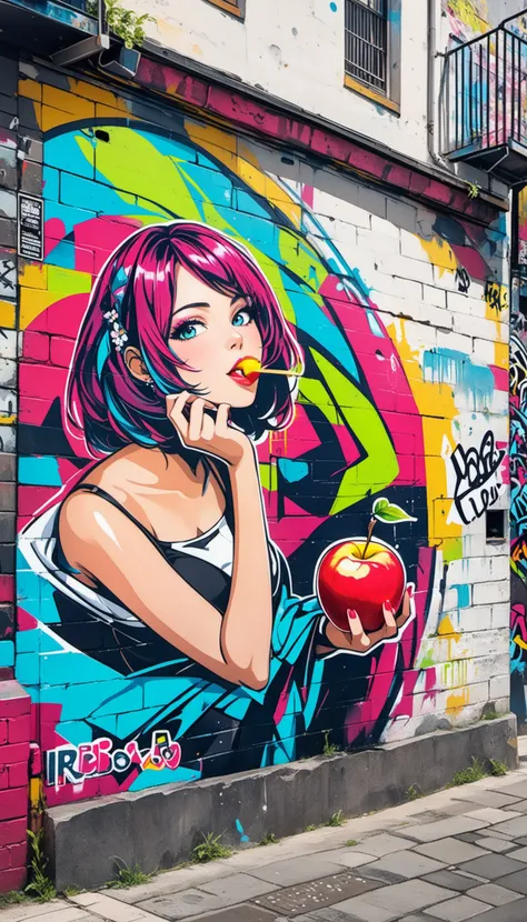 graffiti of a woman eating an apple in a wall, street art, vibrant, urban, detailed, tag, mural