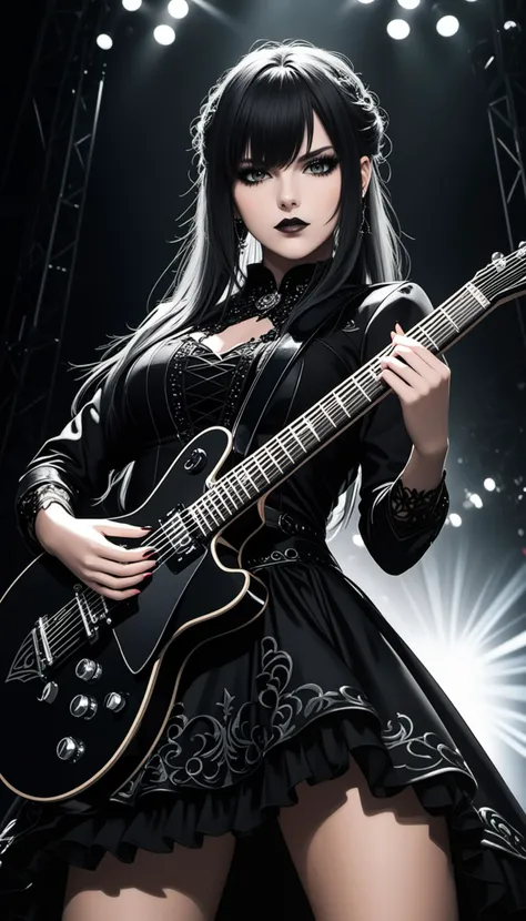swedish metal rock girl holding a guitar, intense stare into camera, with gothic make-up, intricate details, highly detailed eyes, fancy hair and dark gothic dress, flash photo, on stage, intricate details