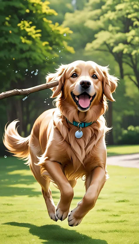 Golden retriever jumping to catch a stick