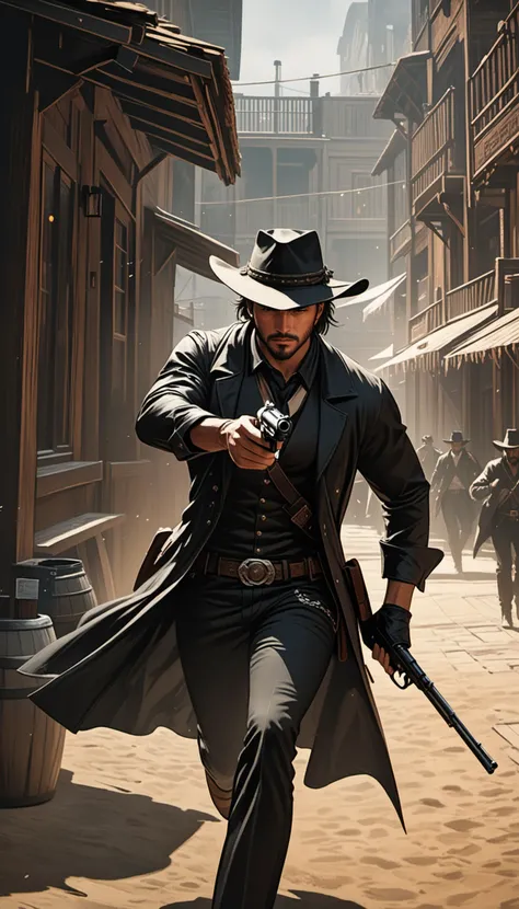 Intricate dynamic action shot of cowboy in a shootout, cinematic Steve Henderson Fabian Perez Henry Asencio Jeremy Mann Marc Simonetti Fantasy, red dead redemption 2 atmosphere, cinematic, photograph