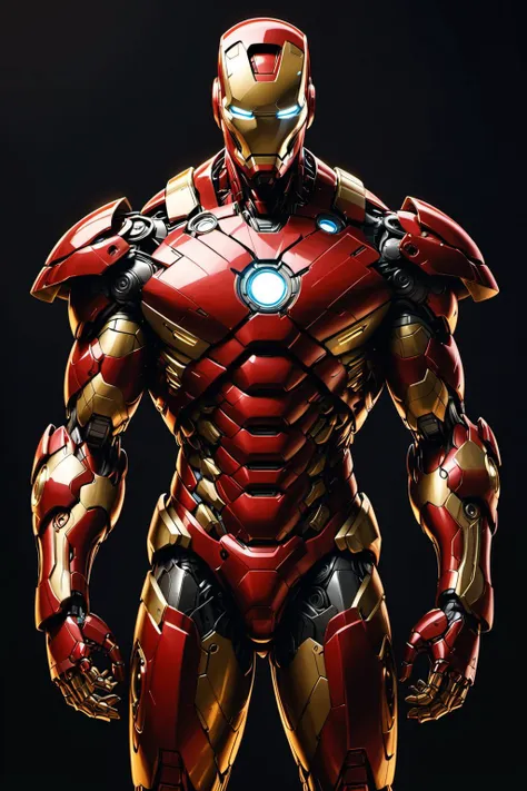 masterpiece,best quality,full body close-up of the iron man dressed in intricate cyberpunk streamlined red and yellow platinum armor,ultra-high-definition movie poster,dark cosmopolitan background,strong contrast,realistic art style,