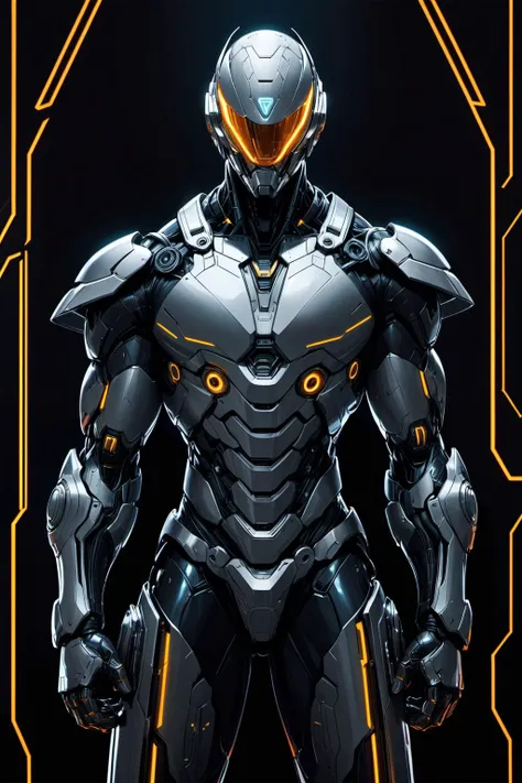 A digital illustration of a futuristic soldier in ultra-high-definition, featuring an ultra-realistic and ultra-detailed armored suit. The armor is predominantly black with orange accents, highlighting its intricate design. The helmet has a reflective visor and the suit includes various panels and layers that suggest advanced technology. The soft anisotropic filtering adds a realistic texture to the materials, while the hypersharp feature brings out the fine details, making the armor appear tangible. The overall quality is comparable to a high-resolution National Geographic photograph, and the artwork would trend on ArtStation for its impressive details and realism.