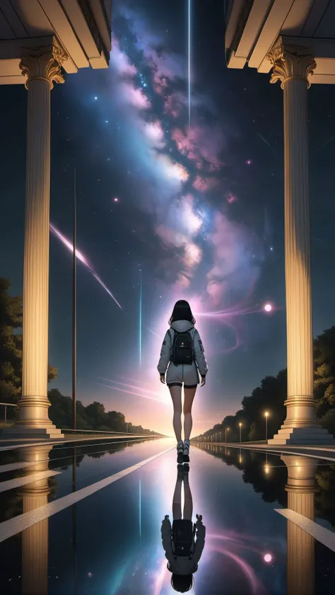 cosmos, (galaxy:1.4), (columns on the two side of the road, illuminated road), (illuminated columns:1.4), reflection, ray tracing, in the space, 1girl, solo, 1girl runs towards the galactic spiral, long black hair, back, astronaut suit, realistic anime art style,  (3-point perspective:1.4),  masterpiece, best quality, <lora:extremely_detailed:1>