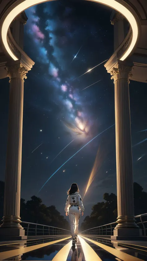 cosmos, (galaxy:1.3), galaxy on the background, columns on the two side of the road, illuminated road, (illuminated columns:1.4), reflection, ray tracing, in the space, 1girl, solo, 1girl runs towards the galactic spiral, long black hair, back, astronaut suit, realistic anime art style, (3-point perspective:1.4), masterpiece, best quality, <lora:extremely_detailed:1>
