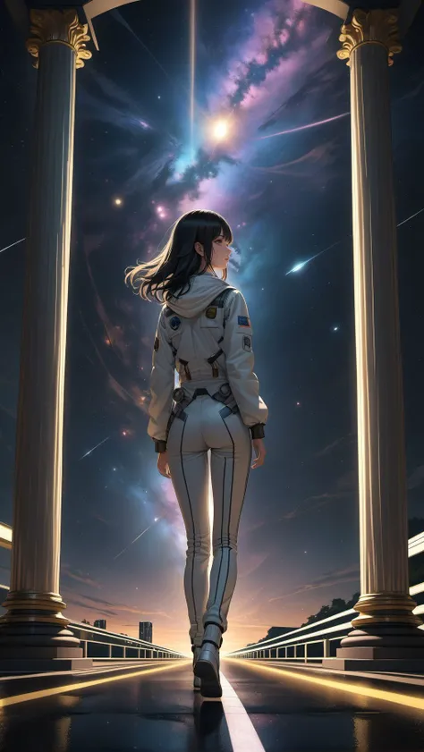 cosmos, (galaxy:1.4), (columns on the two side of the road, illuminated road), (illuminated columns:1.4), reflection, ray tracing, in the space, 1girl, solo, 1girl runs towards the galactic spiral, long black hair, back, astronaut suit, realistic anime art style, (3-point perspective:1.4), masterpiece, best quality, <lora:extremely_detailed:1>