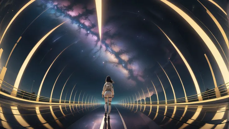 cosmos, (galaxy:1.4), (columns on the two side of the road, illuminated road), (illuminated columns:1.4), reflection, ray tracing, in the space, 1girl, solo, 1girl runs towards the galactic spiral, long black hair, back, astronaut suit, realistic anime art style, (3-point perspective:1.4), masterpiece, best quality, <lora:extremely_detailed:1>