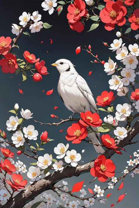 masterpiece,best quality,a bird is perched on a branch with flowers,animal,branch,leaf,petals,plant,tree,red flower,white flower,