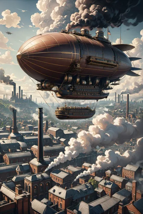 masterpiece,best quality,cinematic film, steampunk airship flying over crowded victorian city, factories, smokestacks billowing smoke, photorealistic, cinematic, realistic, ultra detailed, amazing quality, wallpaper, analog film grain, 8k hd, boken,