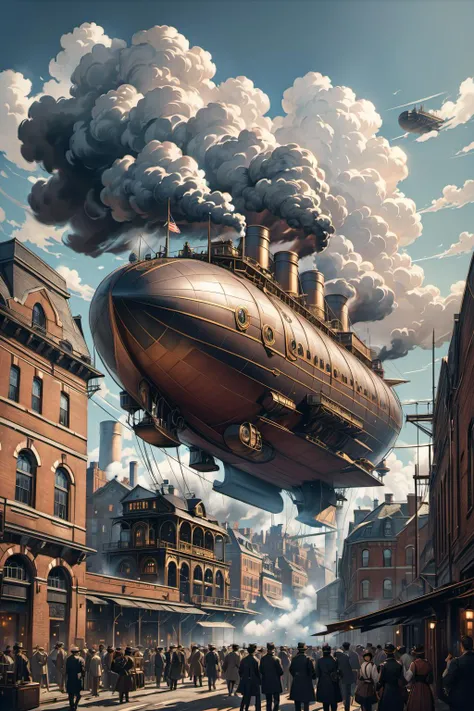masterpiece,best quality,cinematic film,steampunk airship flying over crowded victorian city,factories,smokestacks billowing smoke,photorealistic,cinematic,(anime art style),ultra detailed,amazing quality,wallpaper,analog film grain,8k hd,boken,