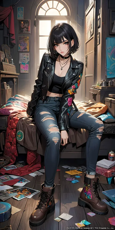 masterpiece, top quality, best quality, (official art, beautiful and aesthetic:1.2), (((1girl))), extreme detailed,colorful, ((solo)),
(Tae Takemi), necklace, choker, (emotionless), smokey eyes, black hair, ((bob hair cut)),
leather jacket, black ripped jeans, short boots,50