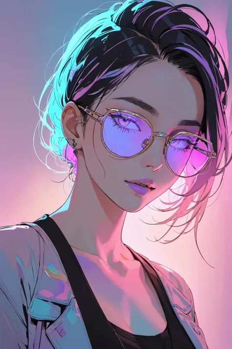 masterpiece,best quality,Light Projection,a portrait of a beautiful girl turner painted on wall with light,stunning beauty,soft light, pastel colors, muticolore hair, punk, line art,simple background, modernism, glowing lips, piercings, lips closed, light smile, masterpiece, natural style, braids, neon, detailled iris, rich woman, big glasses, nerd