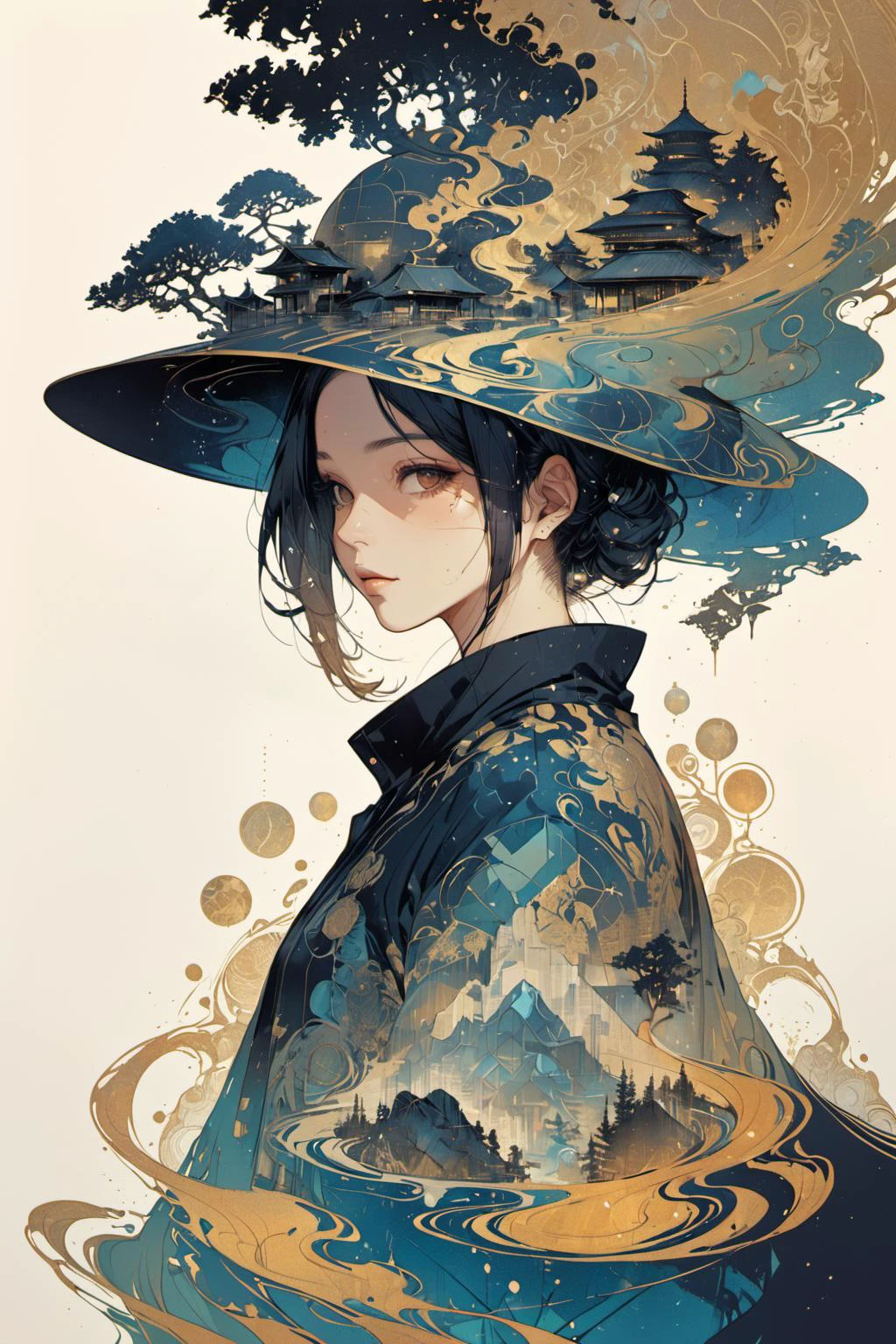 masterpiece,best quality,mysterious silhouette woman with hat,by Minjae Lee,Carne Griffiths,Emily Kell,Steve McCurry,Geoffroy Thoorens,Aaron Horkey,Jordan Grimmer,Greg Rutkowski,amazing depth,double exposure,surreal,geometric patterns,intricately detailed,bokeh,perfect balanced,deep fine borders,artistic photorealism,smooth,great masterwork by head of prompt engineering,<lora:Zenpainting l ç¦
ææç»-SDXL_v1.0:0.7>, zen painting illustration,