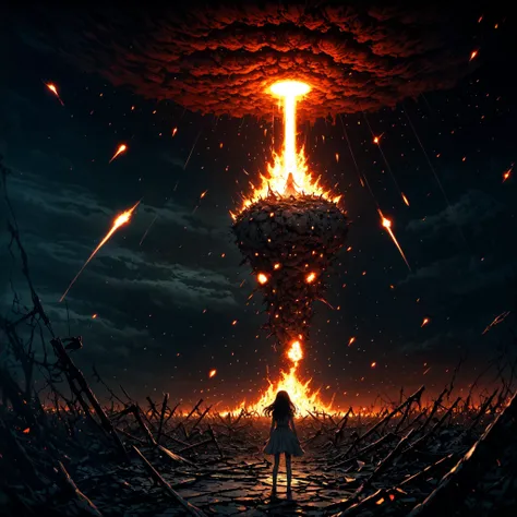 realistic anime art style, realistic art style breathtaking realistic anime art style,realistic art style breathtaking A dream of the end of everything becoming true and seeping into the real world. There is 1girl facing the madness trying to stop the chaos consuming her world.,dark setting,endtimes,fanatasy,horrors crawling out of the shadows,a burning beacon of light touching the consumed sky making a meteor falling down the atmosphere,. award-winning,professional,highly detailed, . award-winning, professional, highly detailed