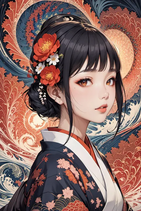masterpiece,best quality,1girl,(fractal art),Ukiyoe art style,realistic anime art style,