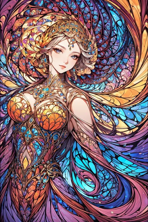 masterpiece,best quality,(1girl),fractal art,stained glass art style,