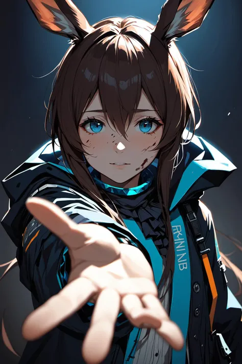 1girl,amiya \(arknights\),arknights,dirty face,outstretched hand,close-up,cinematic angle,foreshortening,dark,dark background,masterpiece,best quality,anime art style,
