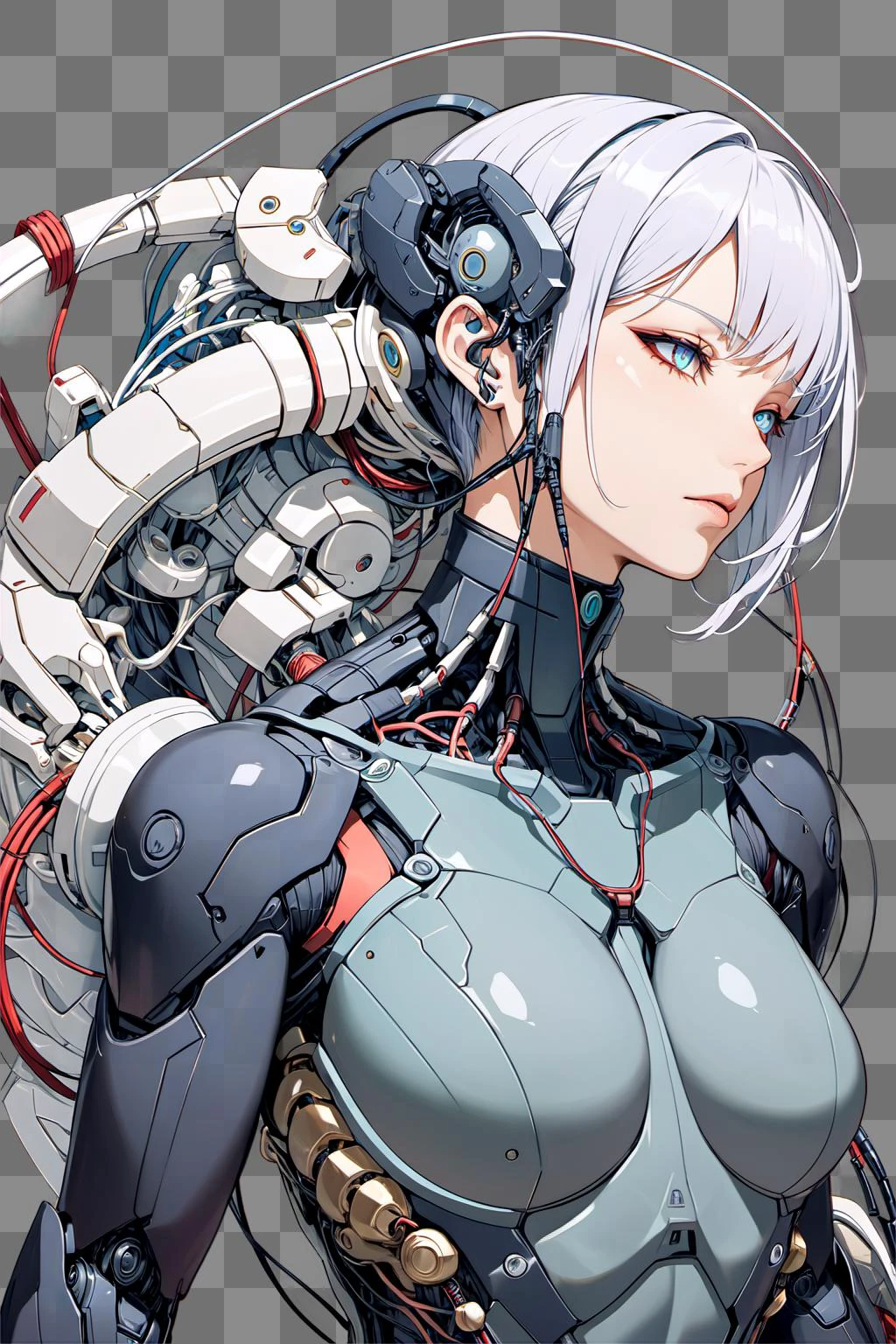 masterpiece,best quality,1mechanical girl,detailed face,shadows,8k,ultra sharp,metal,intricate,ornaments detailed,cold colors,egypician detail,highly intricate details,rending on cgsociety,facing camera,machanical limbs,mechanical cervial attaching to neck,wires and cables connecting to head,killing machine,ghost in the shell,((anime art style)),