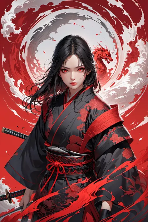masterpiece, best quality,realistic art style,Ultra-realistic 8k CG,ultra-detailed background,delicate pattern,intricate details,best quality,very detailed face,extremely detailed eyes and face,extremely detailed eyes,1girl,samurai,solo,red background,long hair,black hair,red eyes,red highlight,sharp eyes,(floating red ink),light artifact,thick smoke,river,light,
