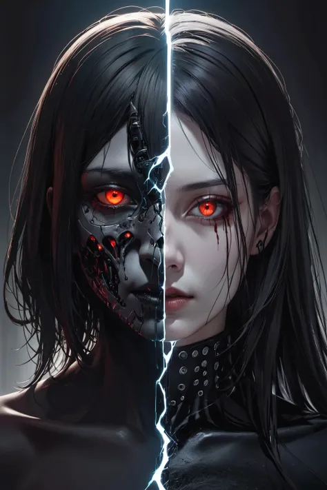 Hyperrealistic art imaginative dark gothic fantasy concept art,bleak,vibrant immersive woman's face split in half,left side is pale skin brightly lit,right side is dark cybernetic, Hyperrealistic art cinematic film still photography in the style of detailed hyperrealism photoshoot . Extremely high-resolution details, photographic, realism pushed to extreme, fine texture, incredibly lifelike