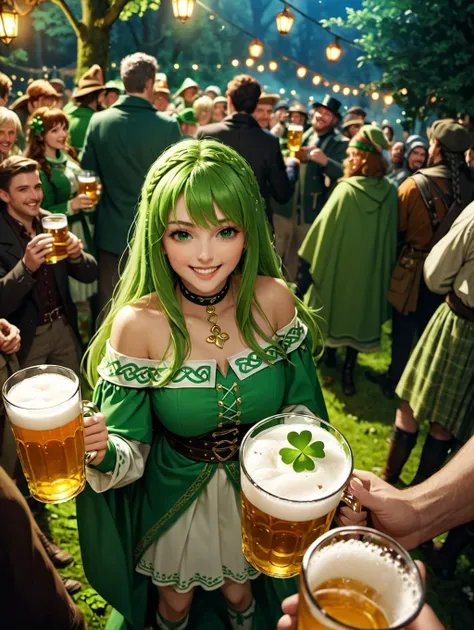 realistic art style cinematic film still a group of happy Irish (male and female) are wearing wide variety of Celtic cultur clothes , they are holding mug of beer and partying in a ancient forest full of food and drink for celebration of Saint Patrick's Day , clovers, Perfect Hands, from above shot, night time, badquality, low quality, SFW <lora:happy:1> <lora:Perfect Hands v2:1> <lora:DetailedEyes_V3:1> <lora:add-detail-xl:0.6> <lora:badquality_v02:1> . shallow depth of field, vignette, highly detailed, high budget, bokeh, cinemascope, moody, epic, gorgeous, film grain, grainy