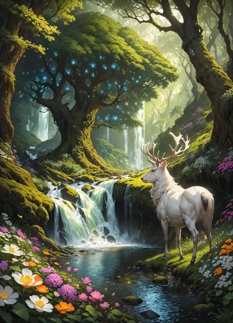 masterpiece,best quality,fractal art,realistic anime style,abstract art,colorful,highest detailed, insular art, Subtle celtic knotwork patterns can be seen in nature, fireflies BREAK a beautiful and remote brook in the middle of a pristine Irish forest. white stag, ancient trees, hyperreal Irish flowers, distanct waterfall