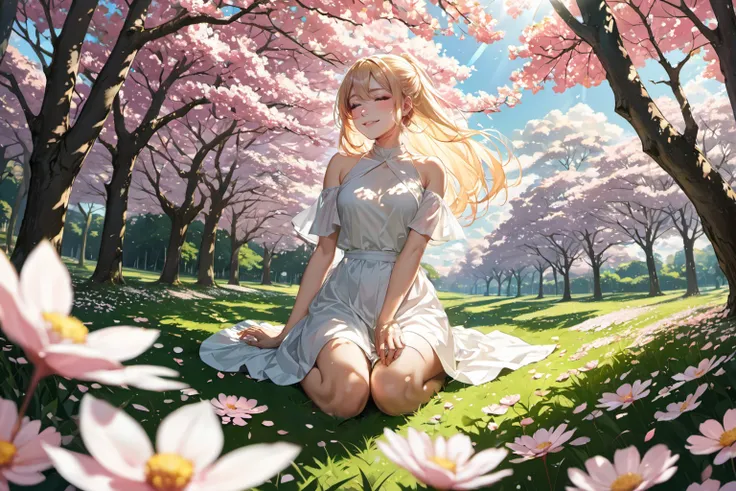 masterpiece,best quality,1girl,realistic anime style,a girl with blonde hair sitting on the grass land,surrounded by the white and pink flowers,flying leaves and petals in the air,
cloudy sky,depth of field,dappled sunlight,lens flare,wide shot,photography,stylish,shiny luminous,foreshortening,deaming,