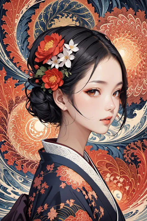 masterpiece,best quality,1girl,(fractal art),Ukiyoe art style,realistic art style