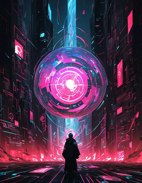 An imposing cyberspace warrior, standing amidst a futuristic cityscape dominated by skyscrapers covered in glowing cybernetic data, multimedia graphics, and media. His eyes gleam like moving stock quotes, filled with numbers, and his loose robe is composed of spiraling encrypted digital symbols, programming language, and data and information streams. In one hand, he holds a large glowing orb representing the digital world, with blue and red languages ââchaotically interacting within it. In the other hand, he holds another orb representing the connectivity between the digital and real worlds. The background is alive with flickering screens, fluctuating code, and skyscrapers bending and shifting as if responding to her will. His expression is intense and commanding, embodying the volatility and power of the Internet reflected in the shifting lights around his. , darkcore, - SDXL - vanta-black_contrast_V3.0<lora:XL Effects\TijuanaSlumlord\- SDXL - vanta-black_contrast_V3.0.safetensors:0.75:0.75> <lora:XL Effects\DarkDescent\Darkcore_SDXL.safetensors:0.65:0.65>