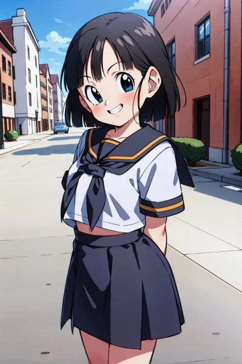 <lora:Pan:0.5>, 1girl, solo, short black hair, black eyes, pan,
sunny, city, (photo), smile, house, street, teeth, ((school uniform)), skirt, cowboy shot,