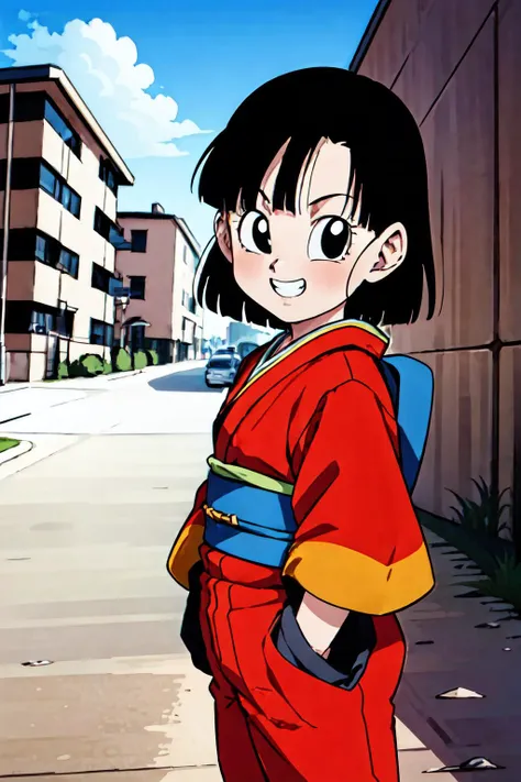 <lora:Pan:0.6>, 1girl, solo, short black hair, black eyes, pan,
sunny, city, (photo), smile, house, street, teeth, ((white kimono, )), cowboy shot,