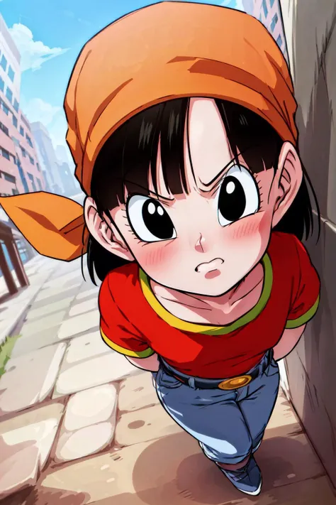 masterpiece,
<lora:panGT-000008:0.7>, 1girl, solo, short black hair, (black eyes), pan,
from above, angry, portrait, looking at viewer, leaning against a wall,
bandana, red shirt
blue sky, building, sunlight,