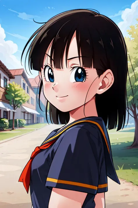 masterpiece,
<lora:panGT-000008:0.6>, 1girl, solo, short black hair, (black eyes), pan,
from front, school uniform, selfie, upper body,
light smile, portrait, from side,
blue sky, cloud, school yard, ,