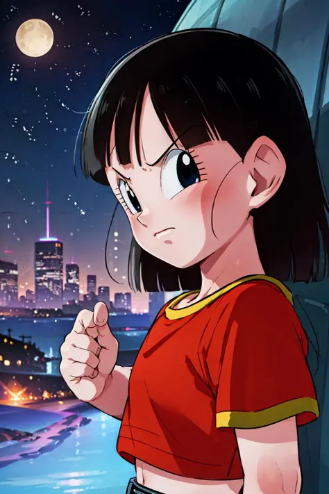 masterpiece,
<lora:panGT-000008:0.7>, 1girl, solo, short black hair, (black eyes), pan,
from side, angry, portrait, looking at viewer,
red shirt
blue sky, night, building, clenched hands,