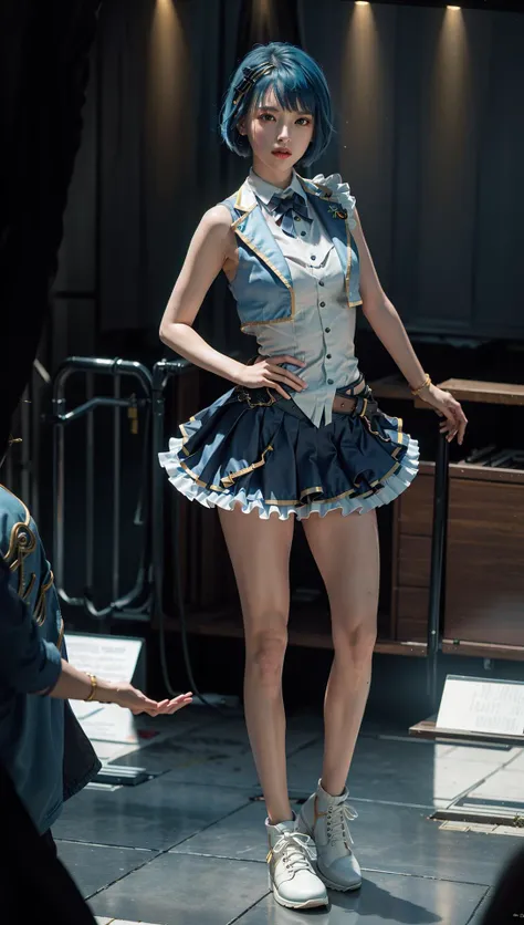 (8k, RAW photo, best quality, masterpiece:1.2), (realistic, photo-realistic:1.37), ultra highres, depth of field, chromatic aberration, caustics, Broad lighting, natural shading,Fujifilm XT3,masterpiece,ultra detailed, idol clothes,1girl, solo,blue hair,standing, looking at viewer,outdoors,full body, stage <lora:idol clothes_01:0.7>