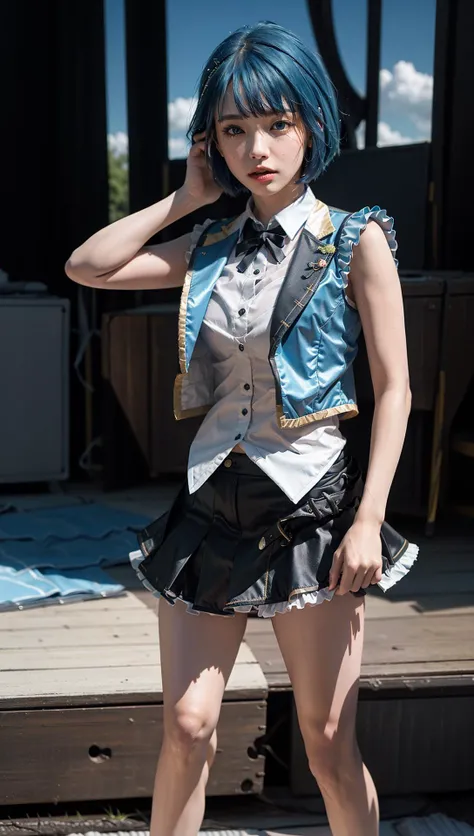 (8k, RAW photo, best quality, masterpiece:1.2), (realistic, photo-realistic:1.37), ultra highres, depth of field, chromatic aberration, caustics, Broad lighting, natural shading,Fujifilm XT3,masterpiece,ultra detailed, idol clothes,1girl, solo,blue hair,standing, looking at viewer,outdoors,full body, stage <lora:idol clothes_01:0.7>