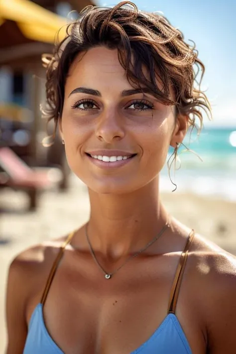 half body close-up, young Italian woman , 40yo, swim wear , short brown hair, , sunny lighting, beach in background <lora:SunnyPortraits:0.7>