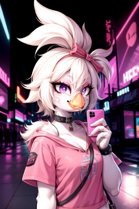best quality, ((furry, beak)) <lora:glamrockchica-v1:1> glamrockchica, holding phone, cyberpunk city background, hoodie, purple eyes,