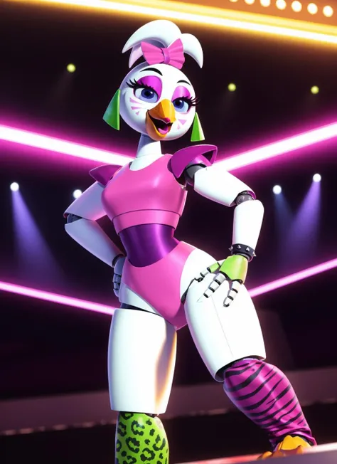 glamrockchica, furry female, robot, (best quality, masterpiece:1), shoulder pads, leotard, leg warmers, beak, spiked bracelet, green gloves, medium breasts, open mouth, hands on hips, (concert stage background:1.1), <lora:glamrockchica-v2:1.0>