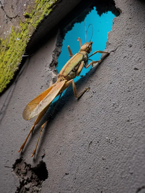 Abstract Expressionism art of raw photo of a cricket Gryllidae,Full shot, a rusty nail, stuck in a cracked wall, from which a rare and beautiful flower grows, a dark alley with a foggy street and a building, a ball most curious, rocks and moss, forest setting, raindrops on a window, blurring the reflections of city lights, glossy, bright, sunshine, dream-like, (surreal),(close-up, abstract, neon tones) (photorealistic, symbolic, close-up shot, 8K), High contrast, minimalistic, colorful, stark, dramatic, expressionism <lora:Sunoo-06:0.85>