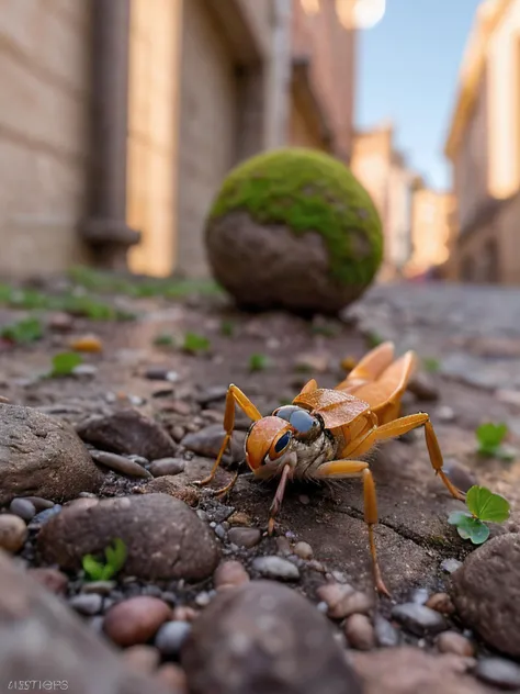 Whimsical and Playful, raw photo of a cricket Gryllidae,Full body shot, a rusty nail, stuck in a cracked wall, from which a rare and beautiful flower grows, a dark alley with a building in the background <lora:Sunoo-06:0.85>, a ball most curious, rocks and moss, forest setting, raindrops on a window, blurring the reflections of city lights, glossy, bright, sunshine, dream-like, (surreal),(close-up, abstract, neon tones) (photorealistic, symbolic, close-up shot, 8K), imaginative, fantastical, bight colors, stylized, happy, Whimsical and Playful