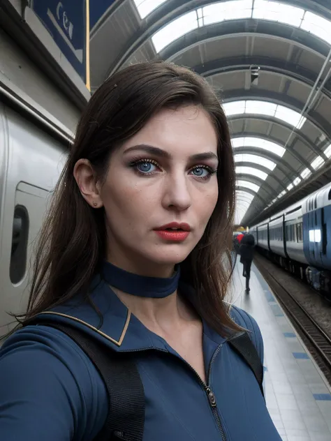 UHD photo of French , Establishing shot, (((face:Long Face, Doe Eyes, [eye color blue], Nose with an Ample Base Shape, thin lips, high cheekbones, cleft chin)), wearing Sci-fi Military Spacesuit), background <lora:JZCG035-Game City:0.8> jzcg035, scenery, indoors, a train station, a creepy hallway, a crowd of people standing around, a fast train is passing by<lora:busted_v1:1.0>