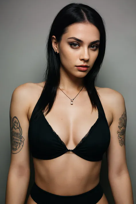 Raw Photo of a Glamorous Russian Hipster Woman: A Full Body Shot Refining the Edgy Vibe,
A stylish Russian hipster woman exudes an edgy vibe in this raw photo. Against a dimly lit background, she confidently poses, showcasing alluring thighs in a pair of ripped denim shorts and stylish sexy streetwear. Her unique facial piercings glint in the harsh flash lighting, accentuating her expressive, provocative face expression. Her almond-shaped eyes, framed by dramatic smoky eye makeup and defined lashes with mascara, smolder with intensity. Dark eyeliner and cheeks add depth to her features,