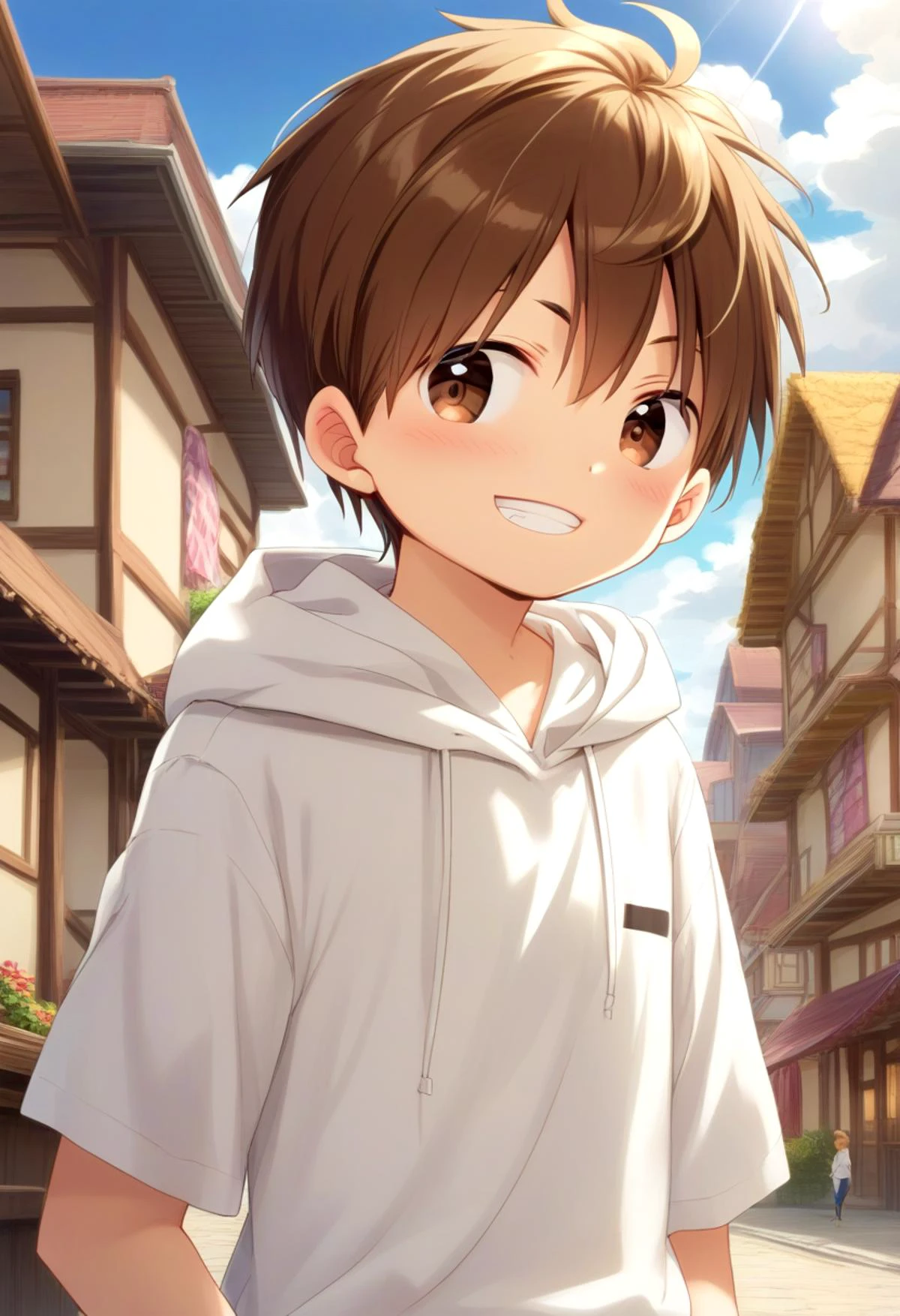 score_9, score_8_up, score_7_up, detailed eyes, village, BREAK
looking to the side, standing, head tilted,
<lora:cutifiedanimecharacterdesign_variant_type_F_PonyXL_v10:1> 1boy, type-f, chestnut brown hair, chestnut brown eyes, petite, young, solo, anime style, manga style, drawn style, white hoodie, source_comic, manga,randoseru,comic, aged down, black gakuran above hoodie,
grin