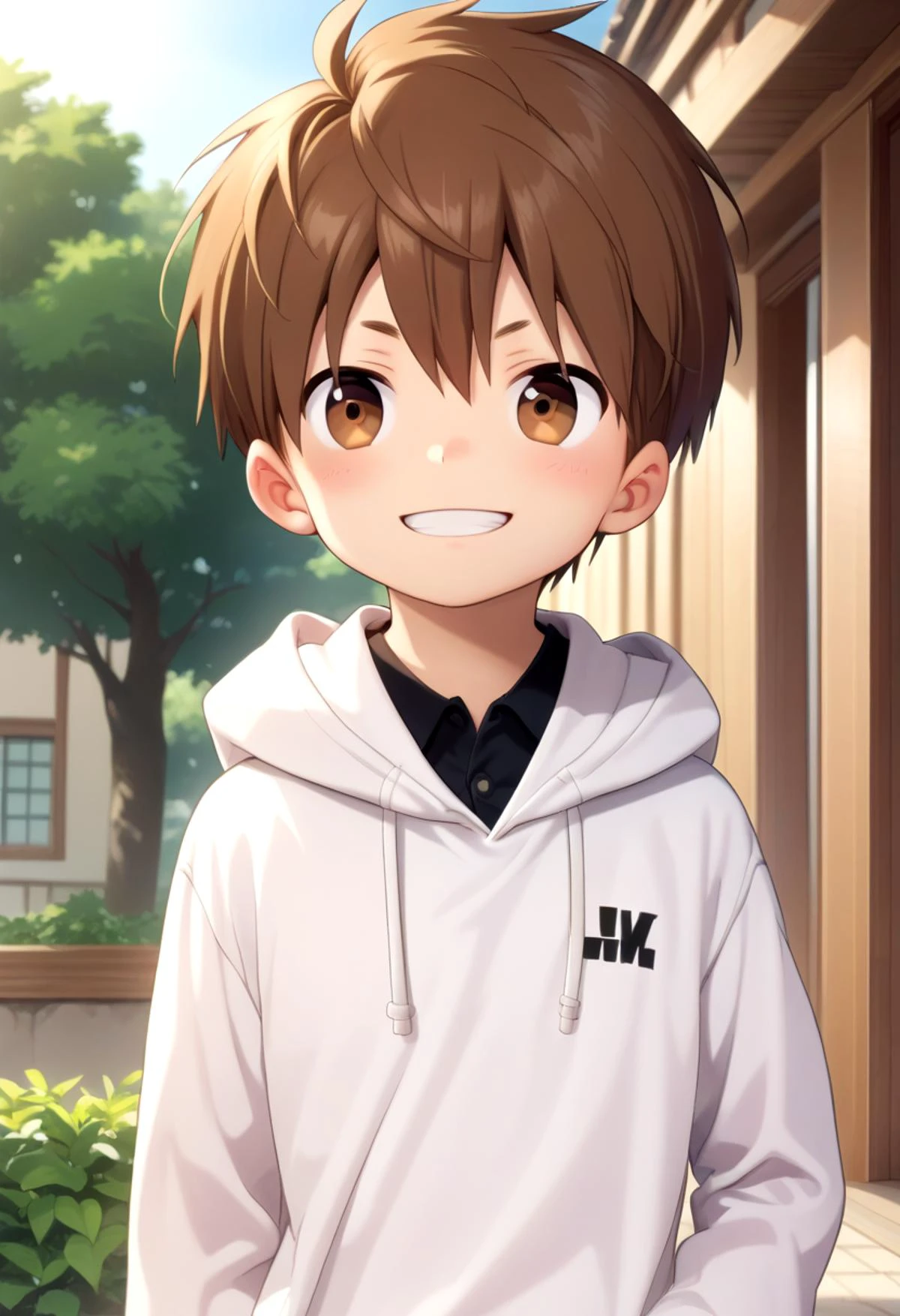 score_9, score_8_up, score_7_up, detailed eyes, village, BREAK
looking to the side, standing, head tilted,
<lora:cutifiedanimecharacterdesign_variant_type_F_PonyXL_v10:1> 1boy, type-f, chestnut brown hair, chestnut brown eyes, petite, young, solo, anime style, manga style, drawn style, white hoodie, source_comic, manga,randoseru,comic, aged down, black gakuran above hoodie,
grin