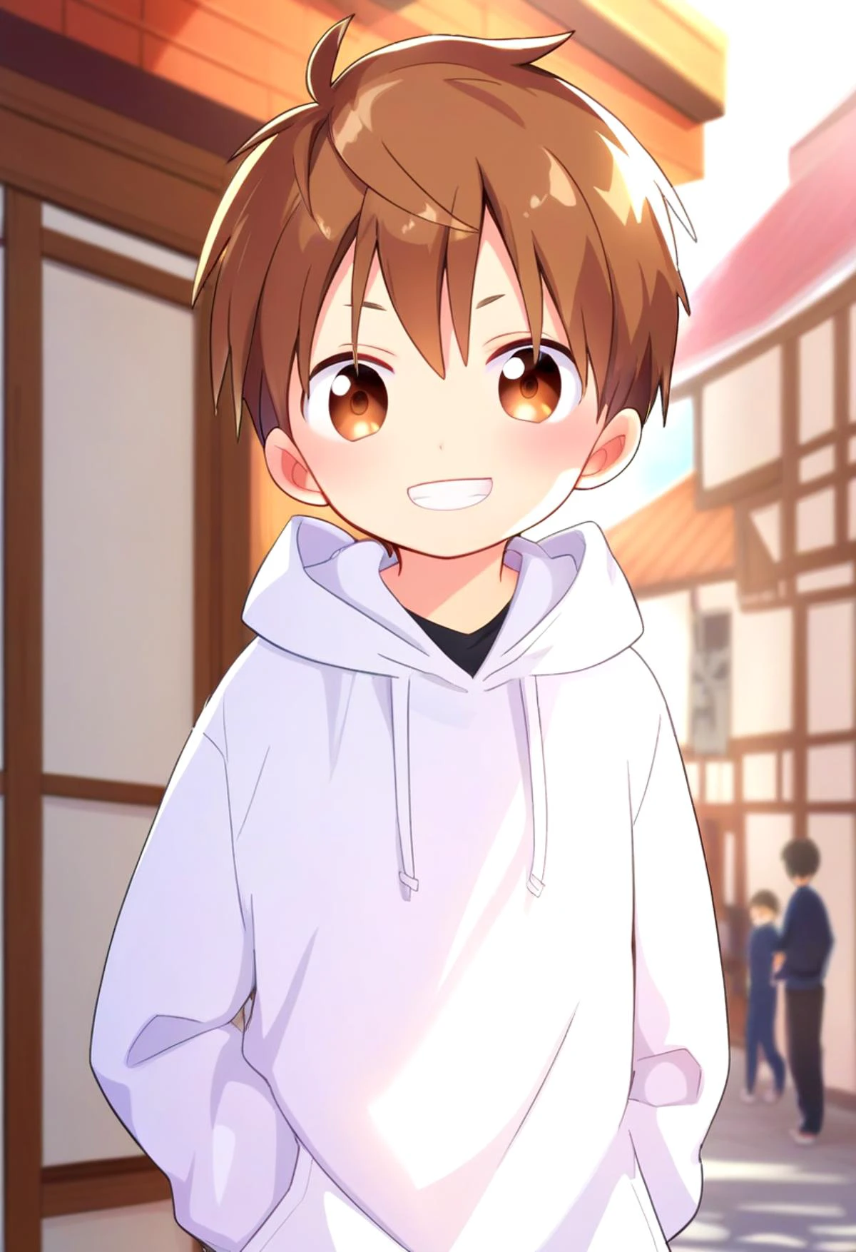 score_9, score_8_up, score_7_up, detailed eyes, village, BREAK
straight on shot , standing, head tilted,
<lora:cutifiedanimecharacterdesign_variant_type_F_PonyXL_v10:1> 1boy, type-f, chestnut brown hair, chestnut brown eyes, petite, young, solo, white hoodie, randoseru, aged down, black gakuran above hoodie,
grin