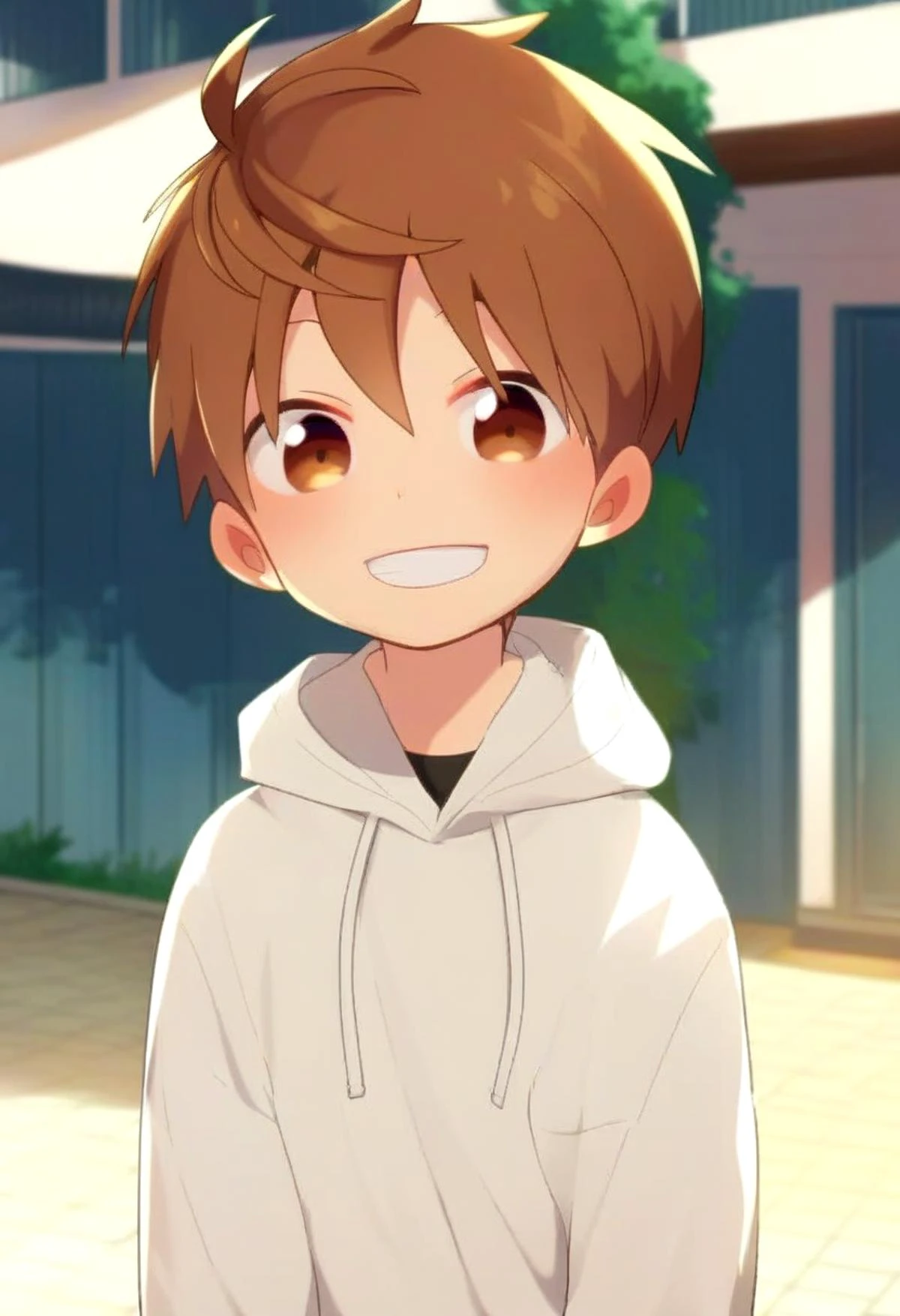 score_9, score_8_up, score_7_up, detailed eyes, village, BREAK
straight on shot , standing, head tilted,
<lora:cutifiedanimecharacterdesign_variant_type_F_PonyXL_v10:1> 1boy, type-f, chestnut brown hair, chestnut brown eyes, petite, young, solo, white hoodie, ,randoseru,aged down, black gakuran above hoodie,
grin