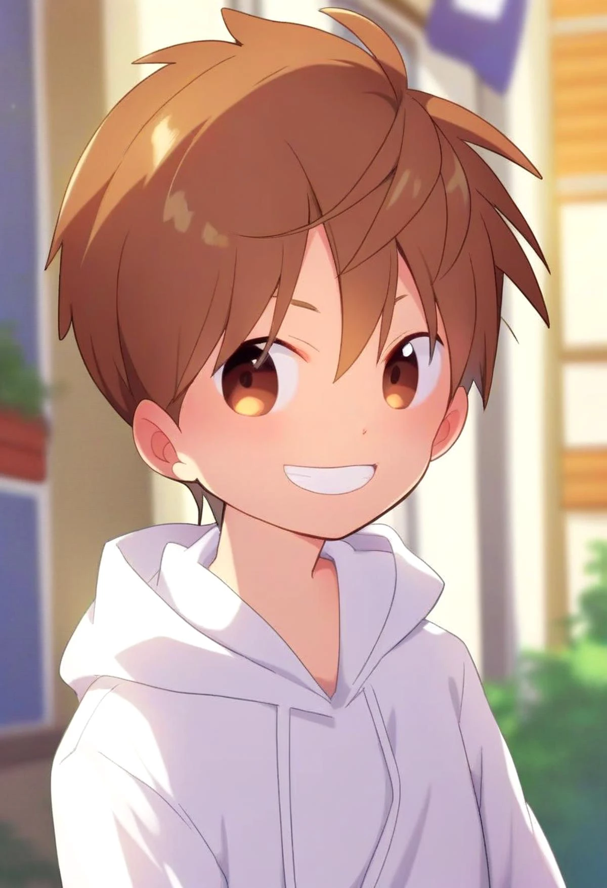 score_9, score_8_up, score_7_up, detailed eyes, village, BREAK
straight on shot , standing, head tilted,
<lora:cutifiedanimecharacterdesign_variant_type_F_PonyXL_v10:1> 1boy, type-f, chestnut brown hair, chestnut brown eyes, petite, young, solo, white hoodie, ,randoseru,aged down, black gakuran above hoodie,
grin