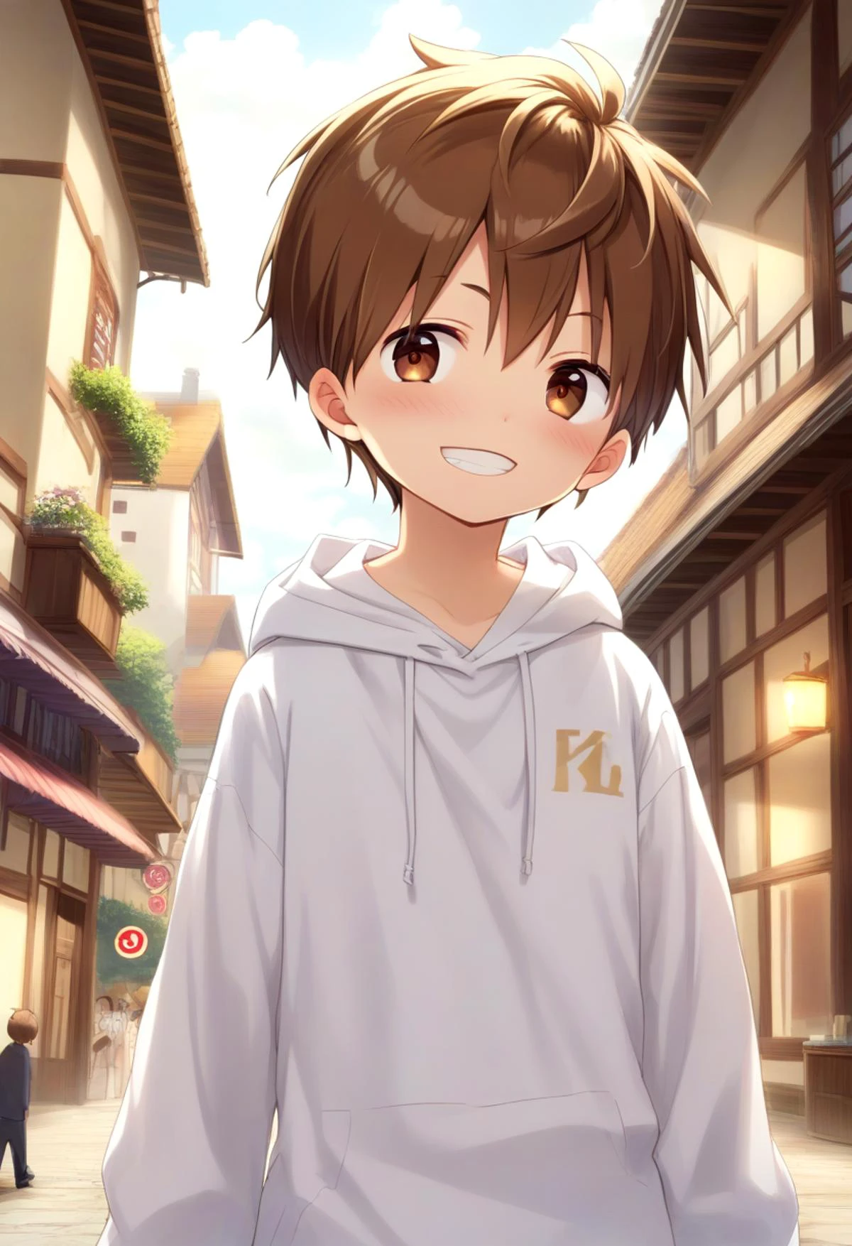 score_9, score_8_up, score_7_up, detailed eyes, village, BREAK
straight on shot , standing, head tilted,
<lora:cutifiedanimecharacterdesign_variant_type_F_PonyXL_v10:1> 1boy, type-f, chestnut brown hair, chestnut brown eyes, petite, young, solo, anime style, manga style, drawn style, white hoodie, source_comic, manga,randoseru,comic, aged down, black gakuran above hoodie,
grin