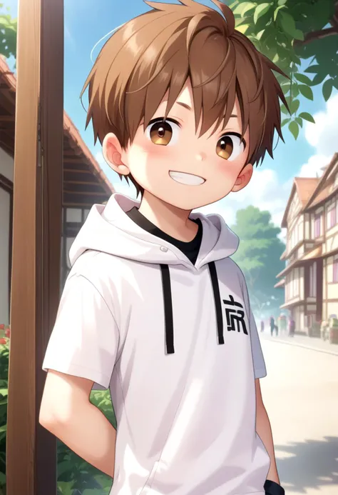 score_9, score_8_up, score_7_up, detailed eyes, village, BREAK
straight on shot , standing, head tilted,
<lora:cutifiedanimecharacterdesign_variant_type_F_PonyXL_v10:1> 1boy, type-f, chestnut brown hair, chestnut  brown eyes,   petite, young, solo, anime  style, manga style, drawn style, white hoodie,  source_comic, manga,randoseru,comic, aged down, black gakuran above hoodie,
grin